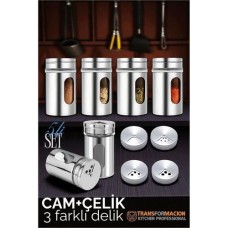 3 Delikli Çelik Tuzluk Biberlik ve Karabiberlik Seti - 5'li Koleksiyon
