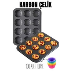 Teflon Kaplama 12'li Muffin Kalıbı Seti - 100 Adet Kağıt Hediye