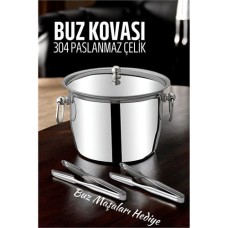 Premium Paslanmaz Çelik Buz Kovası ve Maşası Seti - Termal Buz Saklama Kabı